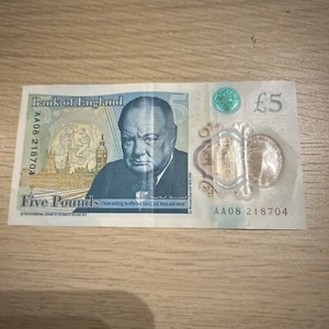 Rare CHURCHILL Polymer Five Pound Note  AA08 Serial No. £5 - Picture 1 of 4