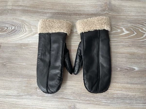 John Lewis Real Leather Gloves Mittens Black Borg Fleece Cuff Women's Small - Picture 1 of 6