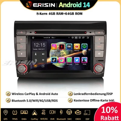 8-Kern Android 14 Autoradio GPS für FIAT BRAVO BT5.0 DAB+CarPlay Navi DVD DSP 4G - Bild 1 von 4