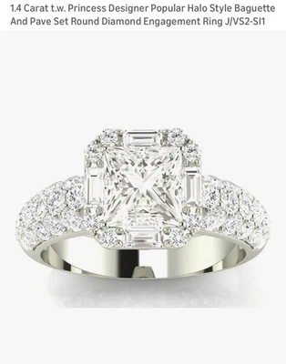 1.4 Carat t.w. Princess Halo Style Baguette, Pave Set Round Diamond Engage. Ring - Image 1 of 2