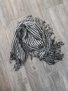 Giorgio Armani Silk Black & White Striped Scarf With Tassel All Around 54x16 EUC - Picture 1 of 8