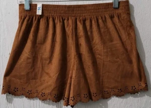 Justice Faux Suede Shorts Girls Size 14 Brown Microfiber w Flower Cut-Out Hem - Picture 1 of 5