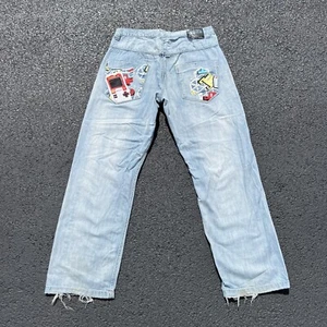 Vintage Y2K Miskeen Baggy Embroidered Denim Jeans Mens 36x33 Wide Leg Loose JNCO - Picture 1 of 10