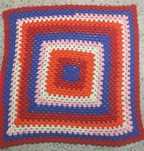 Vintage Handmade Crochet Afghan Throw Lap Blanket Granny Square Orange Blue 32" - Imagen 1 de 9