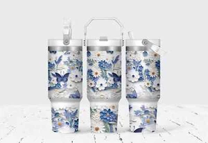 Blue Floral 30 Oz Flip Straw Tumbler With Handle - Picture 1 of 1