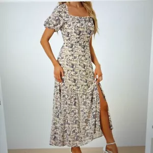 Allegra K Womens L Floral Dress Puff Sleeves Square Neck Ruffle Slit Maxi NWT - Picture 1 of 12