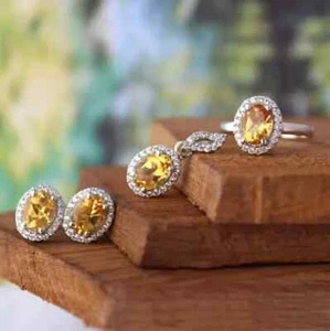 4Ct Oval Cut Women Jewelry Set 14K White Gold Plated Lab Created Yellow Citrine - Picture 1 of 6