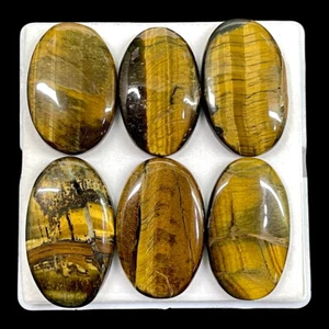 6 Pcs Natural Tiger Eye 40-44mm Oval Huge Cabochon Gemstones Wholesale Lot - Picture 1 of 17