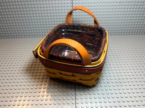 Longaberger Basket Fathers day 1999 Leather handle, fabric and plastic Liner Cover