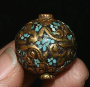 2CM Old Collection Tibet Bronze Inlay Turquoise Exorcize Ball Amulet Pendant - Picture 1 of 9