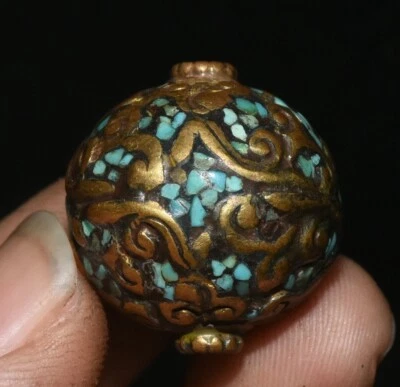 Colgante Amuleto Bola Exorcizar Turquesa Incrustación Bronce Tibet Colección Antigua 2CM Foto 1 de 4