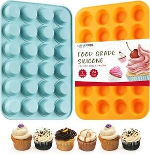 2PCS Silicone Mini Cupcake Pan  Cook 24 Cups Safe Perfect Cakes Orange  Blue - Picture 1 of 7