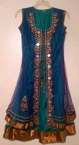 Vestido sari/sari dorado púrpura verde azulado indio cuentas doradas espejos sin mangas talla 40 - Imagen 1 de 10
