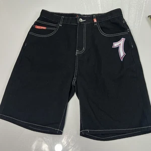 Vintage JNCO Lucky 7 Black Denim Shorts Size 32 Rave Skate Streetwear - Picture 1 of 14