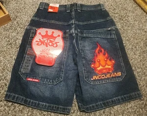 Nwt JNCO Jeans Denim Jean Shorts Youth Size 18 Embroidered Crown Flames - Picture 1 of 3