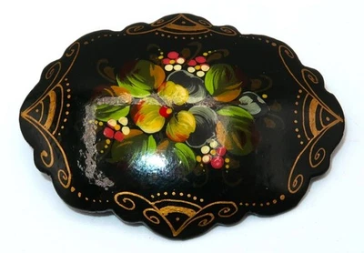 KHAUTOVA Traditional Folk Art Russian Lacquer Brooch, Hand-Painted Wood, 2 1/4" - Image 1 of 4