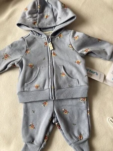 Newborn baby girl Carters Hoodie & Sweat Pants Blue With Tiny Flowers - Picture 1 of 11