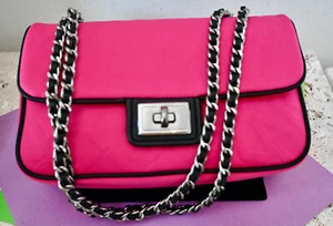 $248 KARL LAGERFELD Agyness FUCHSIA Chain Crossbody Bag Monogram Black Trim - Picture 1 of 13