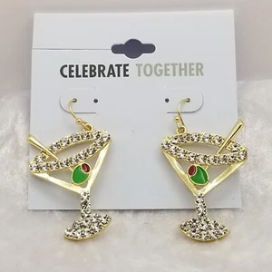 Celebrate Together Martini Olive Drop Pierced Earrings Gold Tone Rhinestones NWT - Picture 1 of 8