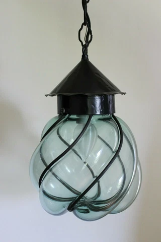 Midcentury Italian Handblown Caged Blue Glass Lantern Pendant Ceiling Light Cover