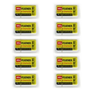 50 Feather Razor Blades Yellow Pack HI-STAINLESS Double Edge Platinum Coated - Picture 1 of 6