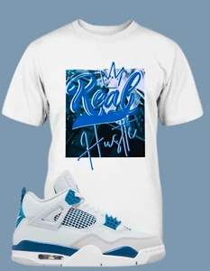 SNEAKER EFFECT TEE SHIRT TO MATCH NIKE AIR JORDAN  4 MILITARY INDUSTRIAL BLUE - Picture 1 of 4