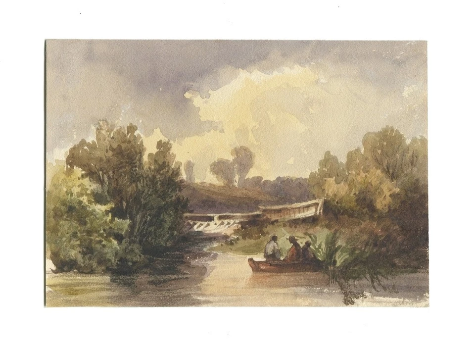 Rivière - Paysage animé - Dessin original ancien à l'aquarelle - Photo 1/1
