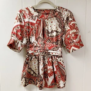 Y2K BCBGMAXAZRIA Floral Blouse Satin Puff Sleeve SZ Medium Whimsical Feminine - Picture 1 of 11