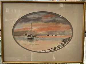 Carole Bennett Original Watercolour Maritime Cleethorpes Sunrise Seascape Boat - Bild 1 von 5