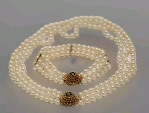 14K Gold Sapphire Diamond & Pearl 3 Strand Bead Necklace Bracelet Flower Closure - Picture 1 of 10