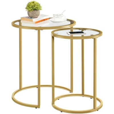 Round Nesting End Table Set of 2, Sofa Side Table with Metal Frame and Glass Top - Image 1 of 4