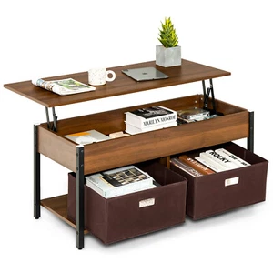 Proteak Lift Top Coffee Table Pop-up Central Table w/ 2 Folding Drawers - Picture 1 of 8