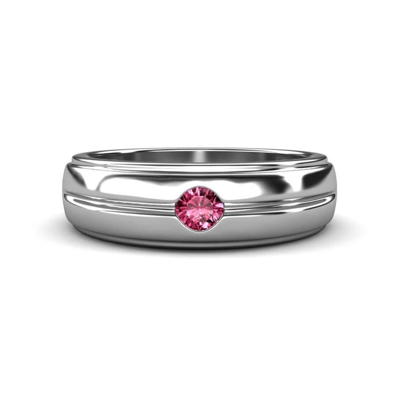 Anillo de boda solitario redondo de turmalina rosa de 3,50 mm para hombre de oro de 14 quilates JP:322055 Foto 1 de 1