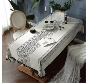 Boho tablecloth black and white fringed linen tablecloth for kitchen living room - Picture 1 of 5