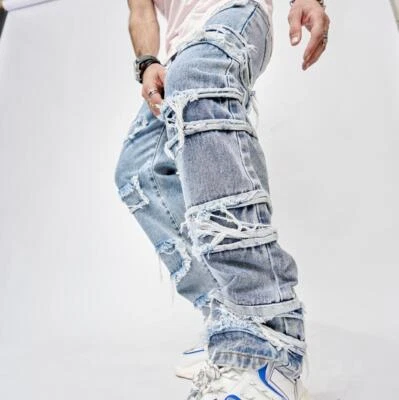 Men's Blue Fringe Straight Leg Jeans Casual Punk Pants Hip Hop Trousers Denim - image 1 of 4