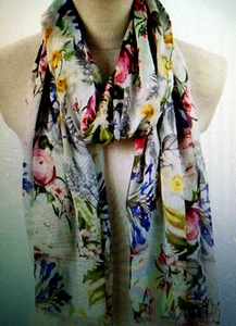 Damas Azul Floral Algodón Fino Lino Bufanda Verano Fresco Largo Rectángulo 29" x 70" - Imagen 1 de 5