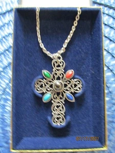 Vintage Large Cross Necklace Silver Tone Filigree NIB - Picture 1 of 5