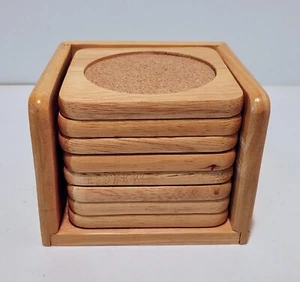 Vintage Set OF 8 Light Color Wooden Coaster W/ Cork Bed & Wood Carrier - Picture 1 of 15
