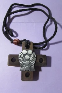 NEW/unworn wooden 3" square cross necklace on 30" cord w/pewter fish - Picture 1 of 5