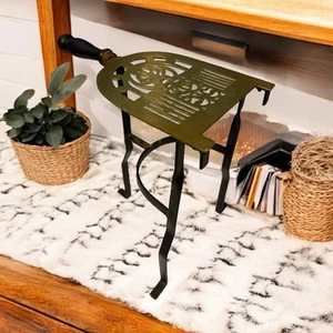 Vintage Brass Iron Hearth Fireplace Kettle Trivet w/Wood Handle Tripod Stand - Picture 1 of 6