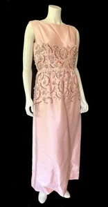 Vintage Hand-Beaded Rose Pink Silk Dress '60s '50s Gown Wedding - Picture 1 of 6