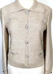 Bellissima giacca St.John beige argento maglia bottoni cristallo nuova senza etichette taglia L 10 12 - Foto 1 di 4