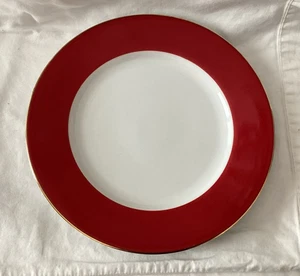 Crate & Barrel Dinner Plate White Halo with Red Rim 10.25" Gold Edge - Picture 1 of 7