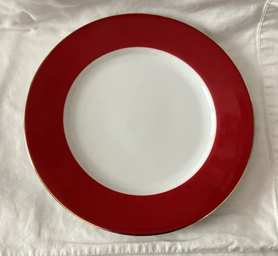 Crate & Barrel Dinner Plate White Halo with Red Rim 10.25" Gold Edge - Image 1 of 4