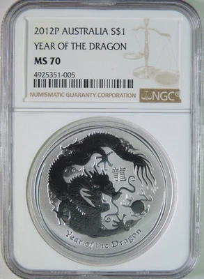 2012 P Australia Lunar Year of the Dragon 1oz .999 Silver $1 Coin NGC MS70 - Image 1 of 4