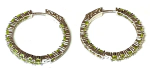 Sterling DK Green Peridot Push Button Release Hinged Hoop Earrings 34mm - Picture 1 of 3