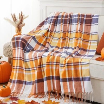 Manta a Cuadros Otoño para Sofá Cama, Mantas Decorativas Naranja Otoño, Buff... Foto 1 de 4