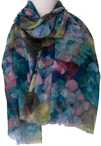 Blue Floral Scarf Pink Green Abstract Flowers Large Flower Shawl Ladies Wrap New - Picture 1 of 4