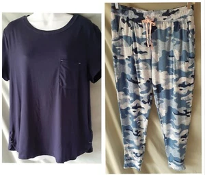 Jane and Bleecker Blue Pajama Set Pants Cap Sleeve Camouflage M 42" BUST  - Picture 1 of 10