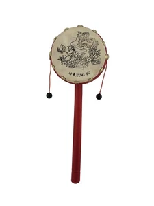 Vintage traditionelle chinesische Kung Fu Trommelrassel mit Drachen-Design & rotem Griff - Bild 1 von 18